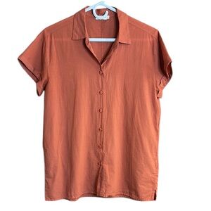 Casual Deep Coral/Brick Color Button Down Shirt with Short Cuffed Sleeves